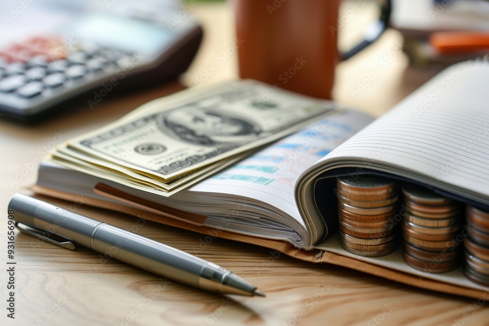 Fototapete Cash and coins are stacked next to an open notebook filled with financial notes and calculations on a desk. Generative AI