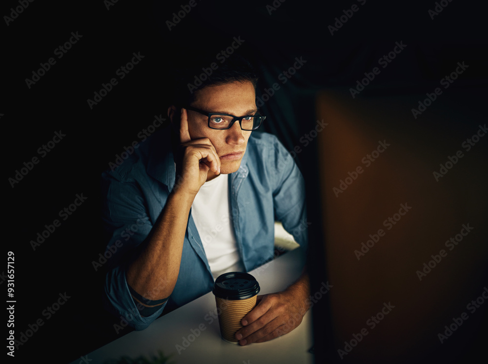 Poster man, computer and tired at night with coffee for programming, coding or cybersecurity research. prog