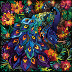 Obraz premium Art nouveau artistic image of peacock in a round shape,Luxurious peacock with an open tail,magnificent realistic peacock