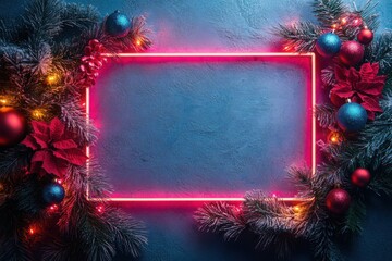 Christmas decorations with a neon frame on a blue background