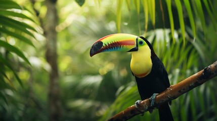 Toucan perched on a branch in a tropical rainforest its colorful beak vivid against the lush green background
