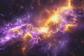 A mesmerizing neon yellow and purple galaxy filled with stars in the sky. on a black background.