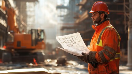 A construction worker in an orange safety jacket and helmet examines blueprints on a job site, with machinery and a bustling construction environment in the background