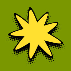 A vibrant square-format illustration featuring a golden starburst centering a rich olive green pop art backdrop, accented with halftone dot patterns for a bold, graphic effect.