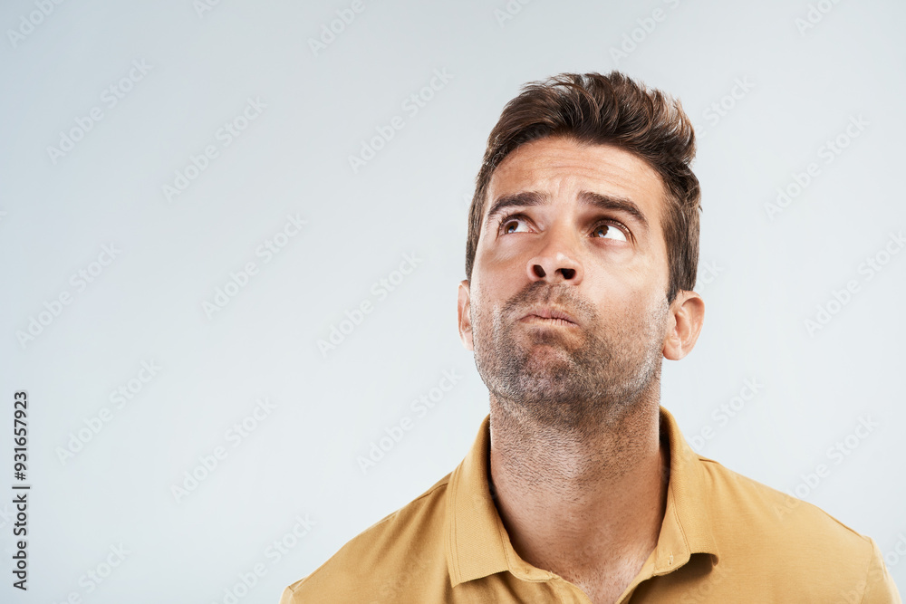 Aufkleber Confused, man and thinking in studio for solution, problem solving and unsure with space for question or answer. Male person, thoughts and idea on white background with confusion, pensive and choice.