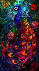 Fototapeta premium Art nouveau artistic image of peacock in a round shape,Luxurious peacock with an open tail,magnificent realistic peacock