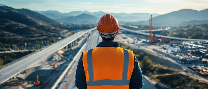 A construction worker in a hard hat and reflective vest overlooks a highway project surrounded by mountains, showcasing infrastructure development and engineering