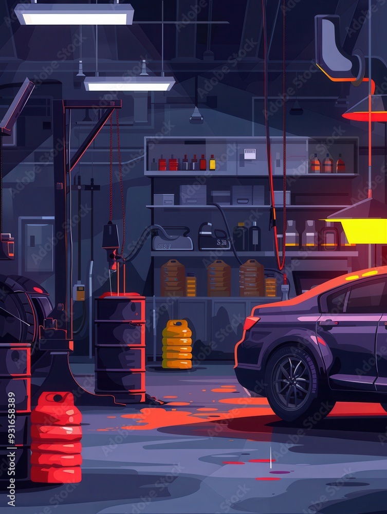Aufkleber A sleek vehicle is serviced under bright lights in a well-equipped automotive workshop filled with tools and supplies. Generative AI