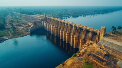 Obraz premium Hydroelectric Dam in Tropical Landscape. Aerial view of a hydroelectric dam in a tropical landscape, showcasing the blend of advanced engineering with lush natural surroundings.
