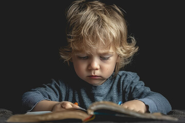 Cute little boy struggling with his study or homework.