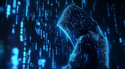blue digital hacker with glowing binary code, ai in cybersecurity systems, threat detection algorithms, penetration testing tools, digital forensics analysis. cybercrime, cyber attack.
