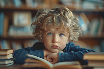 Cute little boy struggling with his study or homework.