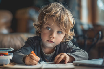 Cute little boy struggling with his study or homework.