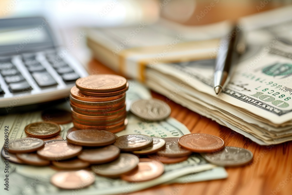 Poster a stack of cash and coins lies next to a notebook filled with financial notes and calculations on a 