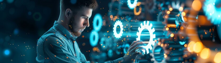 Man Interacting with Glowing Cogwheels, Technology and Innovation Concept
