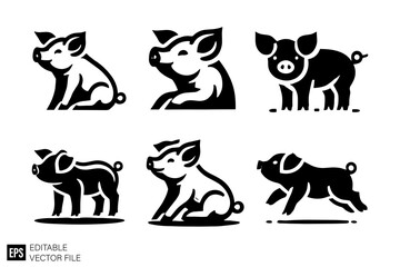 set of pig vector illustration black and white silhouette graphic design template
