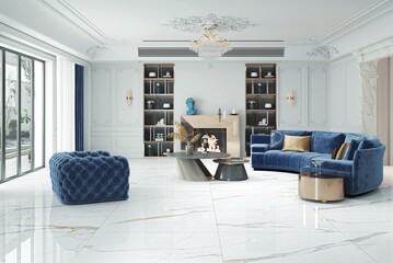 Luxury living room with white marble with silver veins on floor, wooden coffee table, colored cozy double sofa, white bricks walls. Luxury Interior. 3D Illustrations. Mockup. 3D Rendering