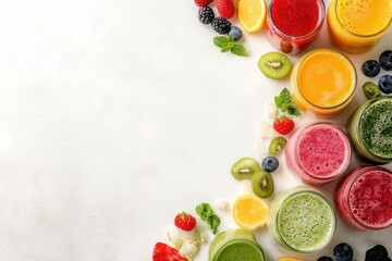 Colorful Smoothies with Fruits and Berries on White Background