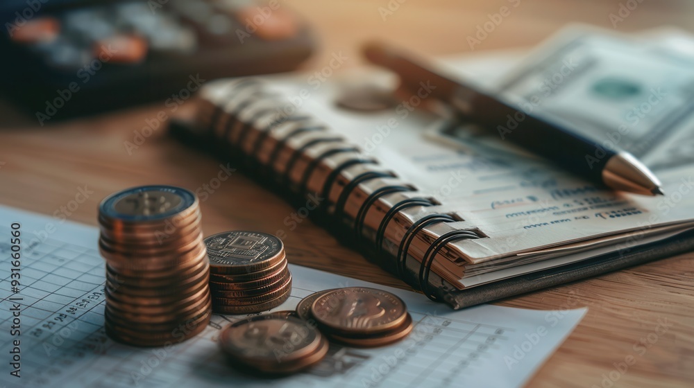 Aufkleber a stack of cash and coins rests next to an open notebook full of notes, calculations, and a pen, all