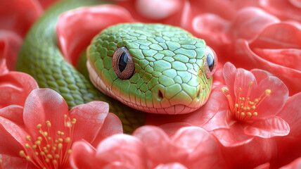 Fototapeta premium A green snake on a background of Chinese fabric.
