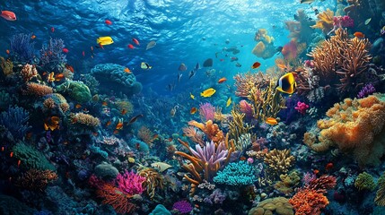 Naklejka premium A detailed underwater view of a bustling coral reef teeming with diverse marine life, including colorful fish, sea anemones, and intricate coral formations