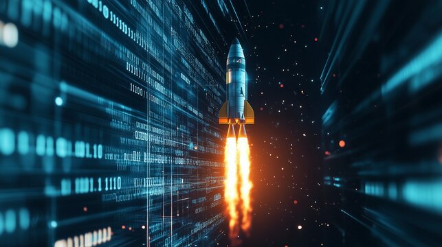 digital rocket launch with binary code, the integration of ai into space exploration missions, launch sequence optimization algorithms, trajectory planning, telemetry analysis space missions.
