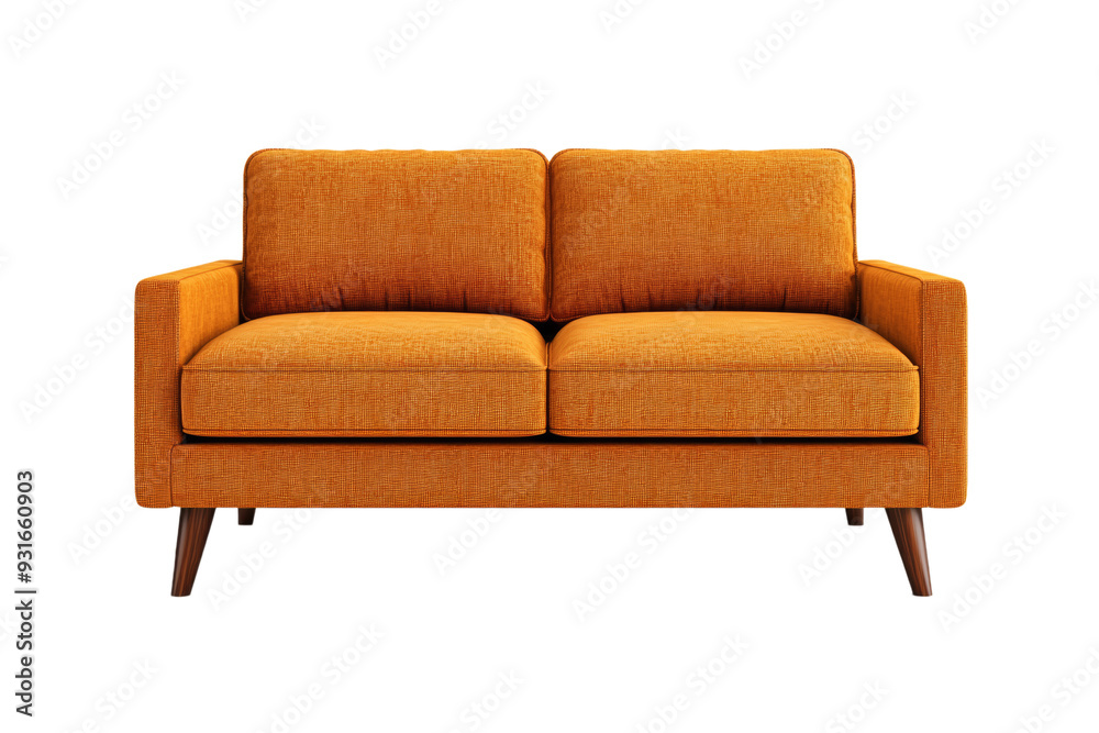 Sticker Bold burnt orange modern sofa front view with slim armrests and deep seat cushions isolated on transparent background 