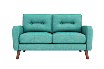 Compact light teal modern sofa front view with square armrests and thick cushions isolated on transparent background 