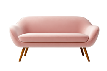 Contemporary blush pink sofa front view with rounded corners and mid century style legs isolated on transparent background 