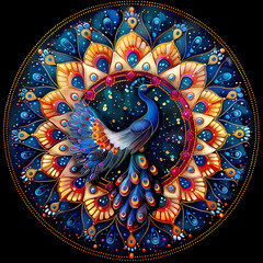 Naklejka premium Art nouveau artistic image of peacock in a round shape,Luxurious peacock with an open tail,magnificent realistic peacock