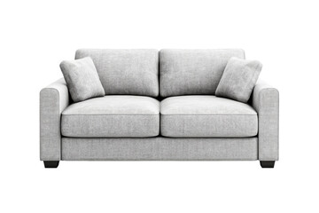 Fototapeta premium Cozy light gray sofa front view with plush pillow backs and boxy structure isolated on transparent background 