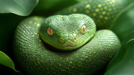 Fototapeta premium A green snake on a background of Chinese fabric.