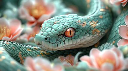 Obraz premium A green snake on a background of Chinese fabric.