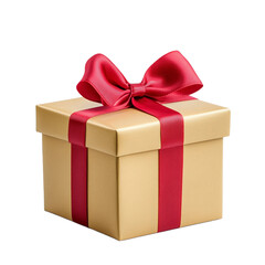 Obraz premium Golden gift box with a red satin bow perfectly tied and centered isolated on a transparent background 