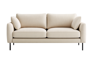 Minimalist light beige sofa front view with wide seat cushions and thin black metal legs isolated on transparent background 
