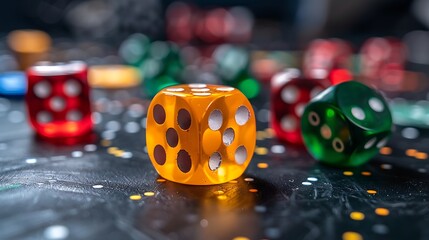 Dice and figures on a black background yellow red and green figures and playing dice on pick background