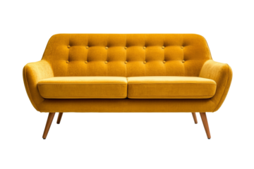 Modern ochre yellow sofa front view with minimalist lines and flat backrest isolated on transparent background 