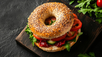 Top view of a tasty bagel sandwich, showcasing its delicious ingredients. --ar 16:9 --v 6.1 Job ID: 4ecc469f-d55c-4d96-94d1-2c1666aeecc4