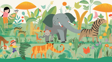Fototapeta premium Playful Elephant And Friends In A Lush Jungle Children’s Illustration