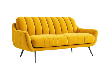 Obraz premium Sleek mustard yellow modern sofa front view with plush cushions and minimalist metal legs isolated on transparent background 