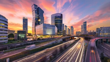 Fototapeta premium Parisian Skyline at Sunset with Blurred Traffic