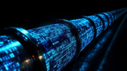 a long digital pipeline shaped by vibrant glowing blue matrix binary code. isolated on black background.
