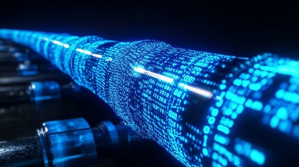 a long digital pipeline shaped by vibrant glowing blue matrix binary code. isolated on black background.
