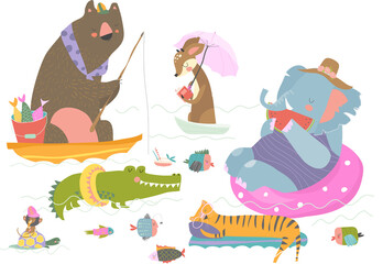 Cute animals resting on river. Happy summer