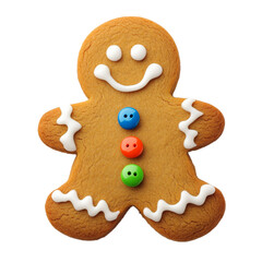 Fototapeta premium Top view of a decorated gingerbread man cookie with icing details and colorful buttons isolated on transparent background 