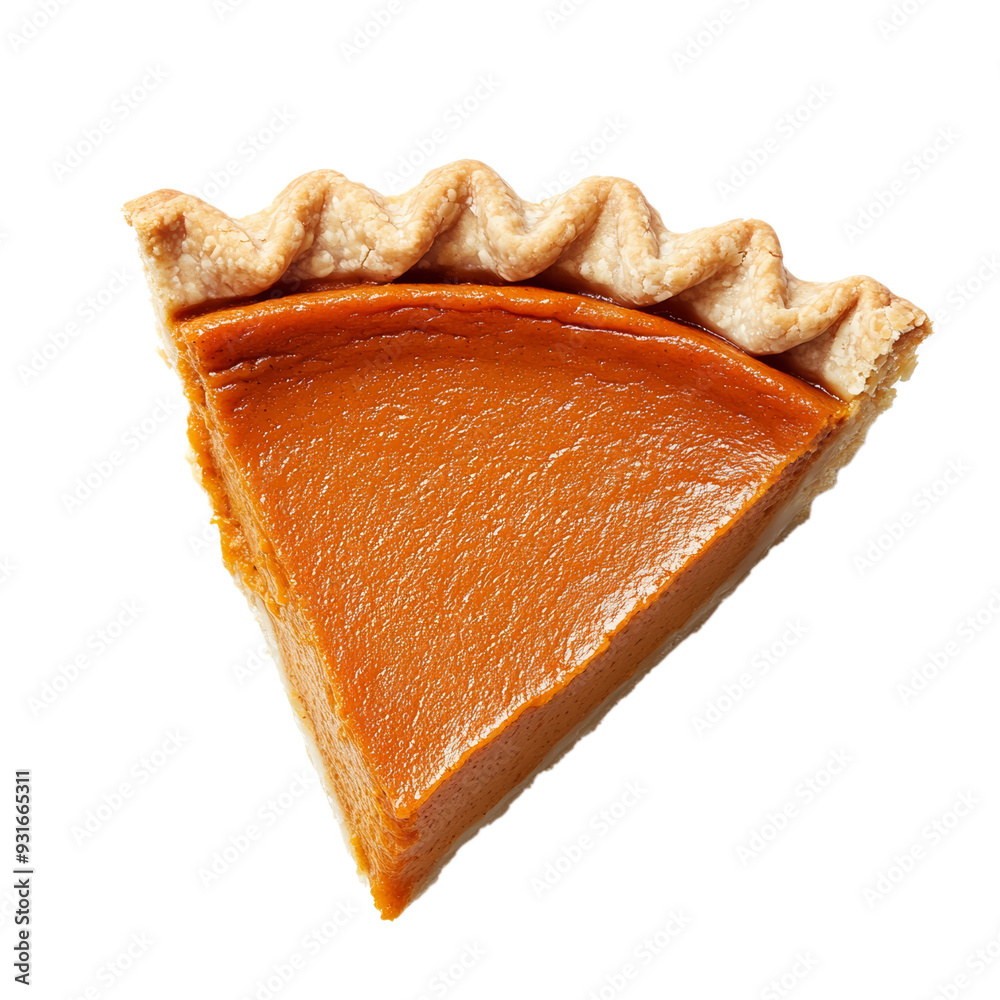 Canvas Prints Top view of a pumpkin pie slice with smooth filling and decorative crust edge isolated on transparent background 