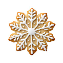 Top view of a round snowflake shaped sugar cookie with intricate transparent icing design isolated on transparent background 