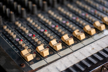 close up of sound system audio mixing equipment