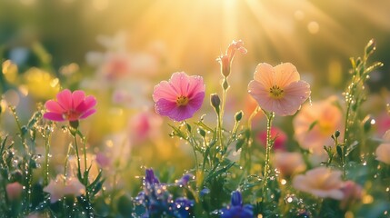 Obraz premium A serene morning view of vibrant flower plants with dewdrops, bathed in soft sunlight
