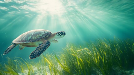 Obraz premium A serene underwater scene featuring a gentle sea turtle gliding over a bed of seagrass, with soft sunlight streaming through the water and creating a tranquil atmosphere